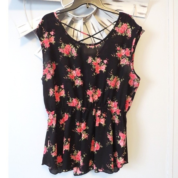 Libian Tops - Libian Black Floral Peplum Blouse Crisscross Back Sleeveless Top Peplum Hem